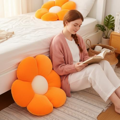 Image of AVSHUB Sunflower Aesthetic 6 Petal Cute Preppy Decorative Throw Pillow|Floor Cushion with Fibre Filling for Aesthetic Decoration (Orange, 35CM)