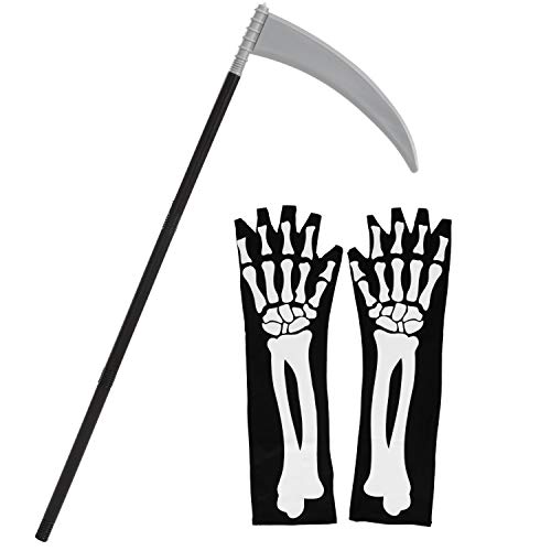 Grim Reaper Accessories Set with Grim Reaper's Scythe and Scary Skeleton Gloves Halloween Sickle Weapon Prop for Party