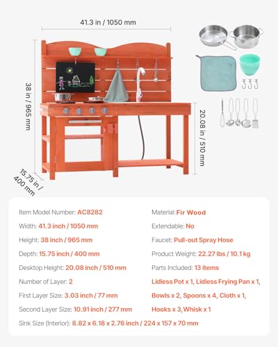 Image of VEVOR Wood Outdoor Play Kitchen for Kids, 41.3in Extra-Wide Design with Realistic Stoves, 2 Removable Sinks, Upgraded Faucet, Blackboard & Cookware Pots, Outdoor Mud Kitchen for Boys & Girls