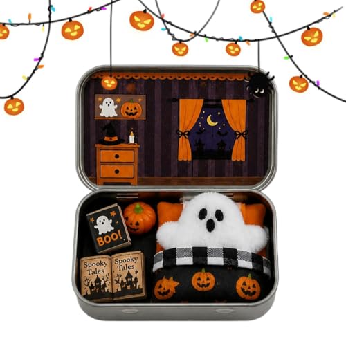 Duch w pudełku – dekoracja na Halloween, miniaturowa scena, blaszana puszka