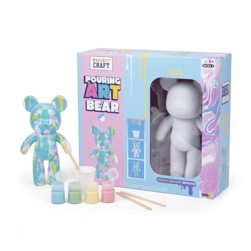 SGM Project Craft Pouring Art Bear DIY Paint & Pour Fluid Art Kit for Kids Create Your Own Colourful Bear Figure Includes Paints Tools & Stand Creative Gift for Ages 5+ (Pastel Edition)