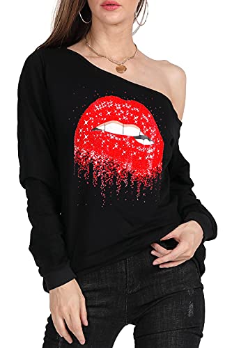 Image of MAGICMK Woman's Sweatershirt Lips Print Causal Blouse Off The Shoulder Long Sleeve Loose Slouchy Pullover Plus Size Tops