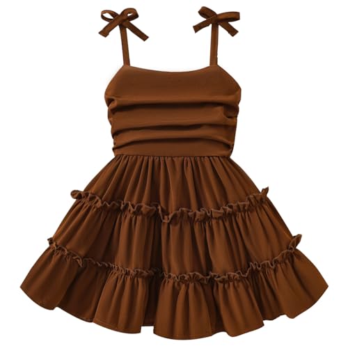 Toddler Girl Dress Kids Halter Sundress Casual Smocked Dresses Ruffle Hem Beach Summer Dresses (Brown 2-3T)