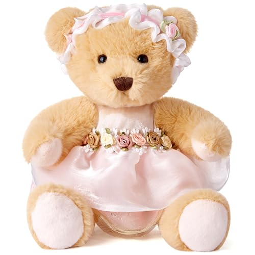 Teddy Bear Stuffed Animal,Small Soft Plush Toy in Dress with Cute Headband, Cuddly Gift for Babies, Boys, Girls on Christmas or Valentine's Day (White Rose Skirt)