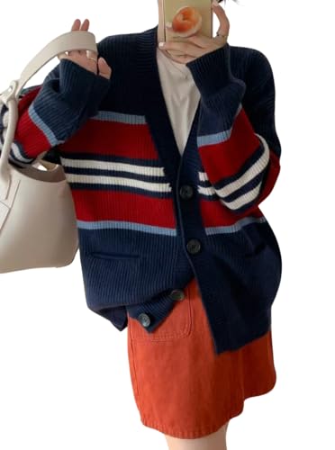 chouyatou Women Fall Loose Striped Cardigan Sweater Cozy Casual Button Down Preppy Knit Oversized Cardigan