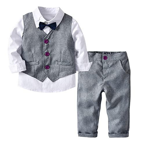 ROSEBEAR Bébé Garçon Tenu Costume Ensemble de Gentleman Smoking Costume Enfants 4pcs Gilet Chemise Short Nœud Pantalon pour Mariage Gris 6-7 ans