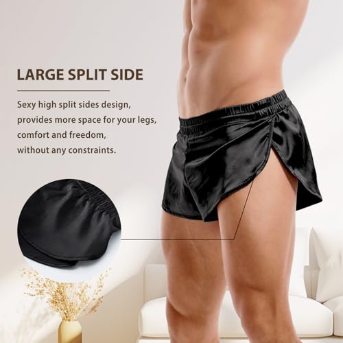 AMY COULEE Mens Sexy Satin Shorts Large Split Side Boxers Silky Pajamas Sleepwear with Pouch Liner4