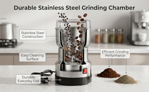 Image of Drumstone 𝟱 𝗬𝗲𝗮𝗿 𝗪𝗮𝗿𝗿𝗮𝗻𝘁𝘆 Domestic Stainless Steel Mixer Grinder for Coffee, Dry Spices, Herbs, Nuts & Grains | High-Speed Electric Grinding Machine | Multipurpose Kitchen Grinder|Silver