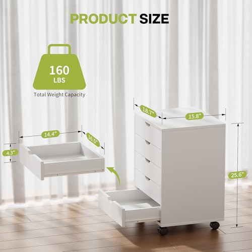Image of Simple Deluxe 5 Drawer Chest Mobile Storage Cabinets Small Wooden Dresser with Wheels Room Organization Furniture for Office Home, White Wood