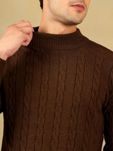 Image of Kvetoo Men's High Neck Cable Knit Sweater | Winter Pullover | Warm Wool Blend |Casual Full Sleeve Sweater for Men | Stylish Ribbed Neck Slim Fit Winterwear