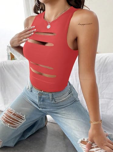 Image of LovelyWholesale Women Sexy Cut Out Crop Tank Tops Crew Neck Summer Sleeveless Top