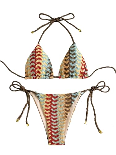Image of ZAFUL 2 Piece Triangle Bikini for Women Knitted Rope Halter Bikini Sets Sexy Bathing Suit Side Tie Swimsuits Beachwear