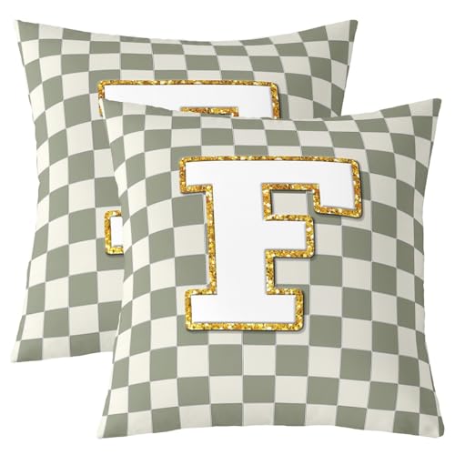 Image of Erosebridal Sage Green Checkered Throw Pillow Covers 18x18 Set of 2 Plaid Initial F Cushion Cover Personalized Monogram Throw Pillow Case for Bed Couch Sofa Fashion Grids Gingham Home Decor