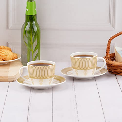 Image of Dandy Lines Royal Tea Cup and Saucer Set, Elegant Gold Trim, Ceramic, Pack of 12, Microwave & Dishwasher Safe, Great for Hosting & Gifting