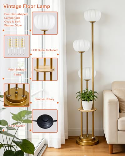 Image of Lightdot Gold Dimmable Floor Lamp with Table, Mid Century Modern Floor Lamps with Pumpkin Lampshade & Bulbs, 3-Light Tall Standing Lamp for Living Room /Bedroom /Sofa Beside /Corner Decor