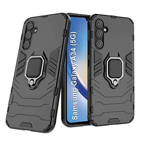 Image of CEDO Kickstand Cover for Samsung Galaxy A34 (5G) Rugged Case | Built-in Stand Rotating Ring Holder | Military Grade Armor Bumper Back Cover (Black)