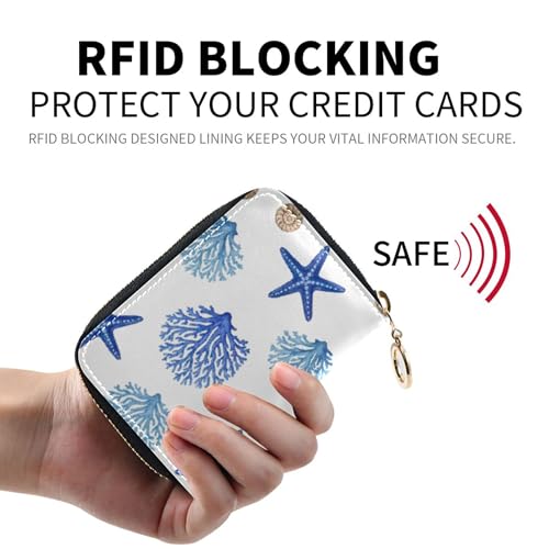 RFID Blocking Credit Card Holder Wallet Womens Small Leather Zipper Card and Cash Holder Blue Coral Starfish Shells White2