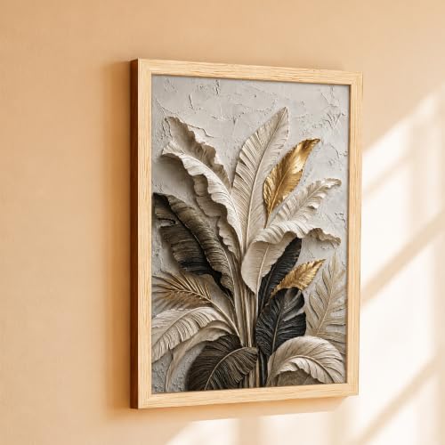 Image of PAINTINGMANTRA Textured Embossed Leaf Floral Framed Wall Art Painting for wall decoration, Neutral & Gold Tropical Leaf Motifs Flower Painting for Living room, bedroom, Office, 10x13 Inch