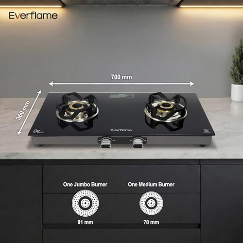 Image of Everflame Atlas 2 Burner Gas Stove | 6mm Toughened Glass Top | Euro-Coated Pan Support | LPG Ready & PNG Convertible | Manual Ignition | 2 Years Warranty + Doorstep Service