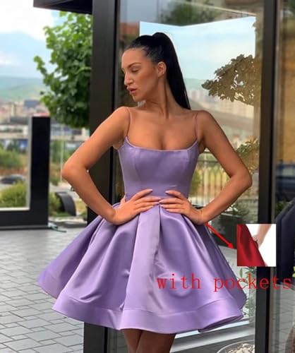 A-line Satin Homecoming Dress Spaghetti Straps for Women, Short Square Neck Cocktail Dress Sleeveless Prom Dress3