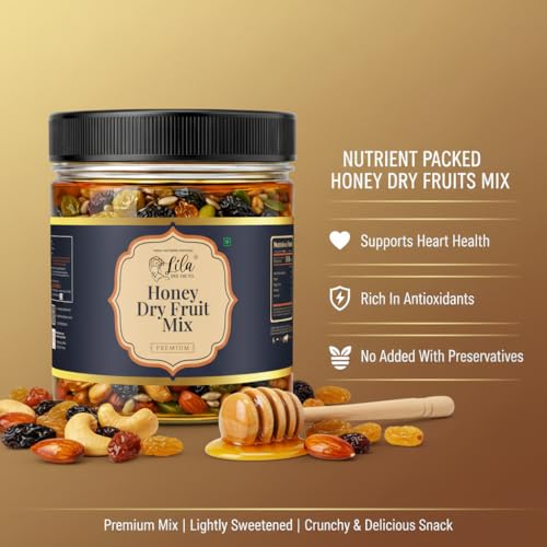 Image of LILA DRY FRUITS Honey Dry Fruits Mix 100 gms with Cashew Almond Pista Raisins Dates Walnuts Pumpkin & Sunflower Seeds | Sweet Honey Coated Nuts & Seeds Healthy Snack Combo Perfect for Gifting