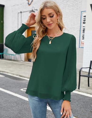 Image of Aifer Womens Tops Dressy Casual Long Sleeve Shirts Chiffon Blouses | Sheer Pleated Lantern Sleeves, Crew Neck, Back Keyhole, Versatile, Ideal for Office Workwear, Daily Outfits, Party Looks
