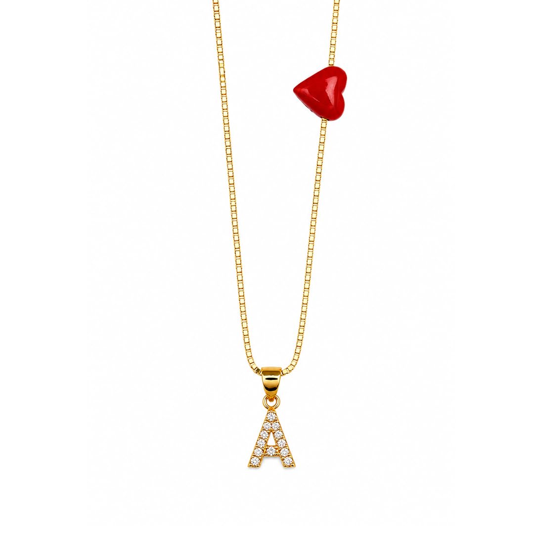 Collana Lettera del Cuore con Iniziale Zirconata e Cuore in Corallo Rosso naturale del Mediterraneo gioiello elegante minimal da donna ragazza