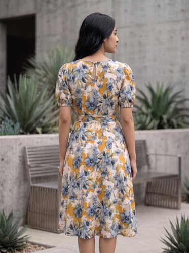 Image of HELLCAT Women Floral Fit & Flare Midi Dress | Round Neck, Puff Short Sleeve, Waist Tie-Up Belt | Casual Brunch Wear, Western One Piece, A-Line Long Frock, Summer Party Outfit