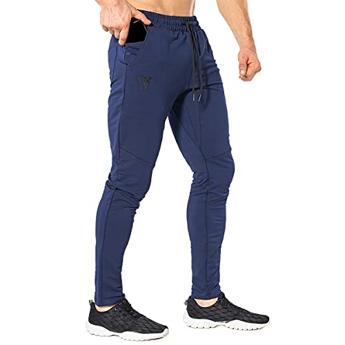 ZENWILL Mens Tapered Gym Joggers, Skinny Running Jogging Tracksuit Bottoms Sports Trousers with Zip Pockets (Navy,M)