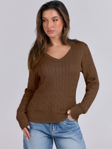 Image of ANRABESS Women's Cable Knit V Neck Fitted Sweaters