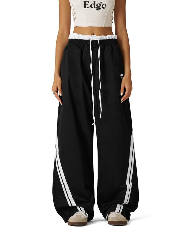 Aelfric Eden Schwarz Weiß Farbblockierung Baggy Jogginghose Herren Damen Double Waist Sweatpants Baumwolle Kordelzug Freizeithose Y2K Streetwear Sporthose mit Taschen