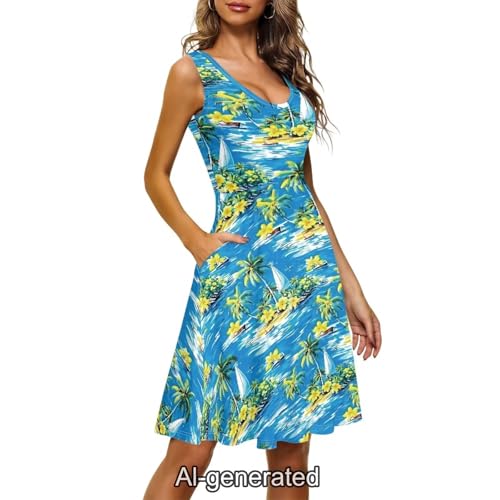 Image of Dreaweet Casual Sleeveless Dresses for Women Girls, Round Neck Tank Dresses with Pockets Summer Sundress Size XS-4XL