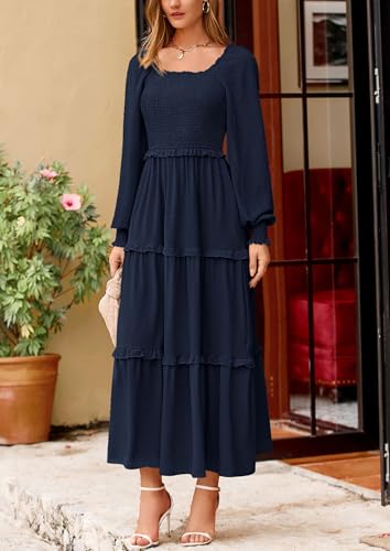 PRETTYGARDEN Fall Dresses for Women 2025 Long Sleeve Smocked Square Neck Swiss Dot Tiered Flowy Wedding Guest Maxi Dress