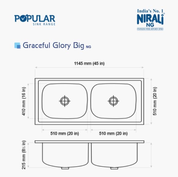 Image of Nirali Kitchen Sink Dual Bowl 45 inch x 20 inch 304 Grade Stainless Steel | Sound Proof Double Bowl Kitchen Sink with Waste Coupling Graceful Glory (Matt Finish, 45 inch x 20 inch)