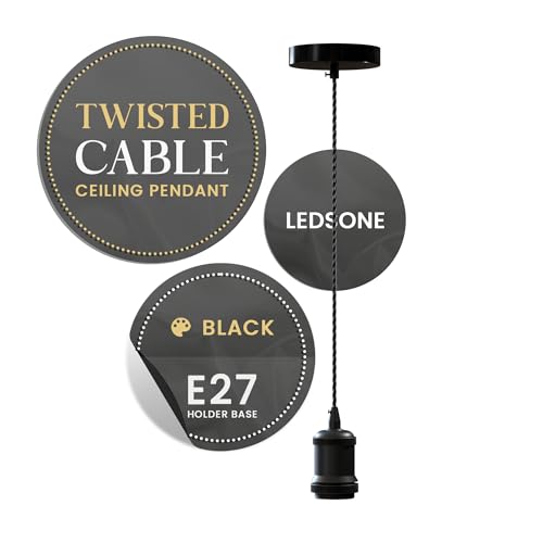 LEDSone Vintage Pendant Light Fitting Kit – Metal Ceiling Rose with Black Twisted Braided Flex Cable & E27 Lamp Holder – Industrial Hanging Light Fixture Retro Indoor Lighting