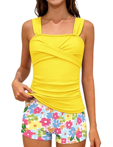 GEMLON Girls Bathing Suits: Yellow Twist Square Neck Tankini Top with Tropical Shorts Swim Set