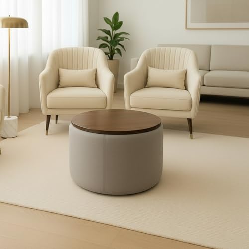 Image of Elegant Round Coffee Table with Wooden Top & Storage Ottoman | Modern Centre Tea Table for Living Room | Farmhouse Wood Drum Coffee Table Furniture for Home & Lounge | Grey Finish