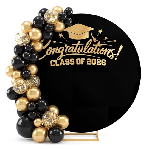 Frienda 2026 Graduation Round Arch Backdrop Cover 7.2 ft Circle Arch Backdrop Cover for Class of 2026 School Grad Photography Prom Party Photo Shoot Props Decorations (Black Gold) by Frienda - Used condition - US$23.51