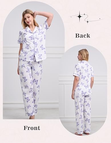 Image of NAP BOUND 100% Cotton Women's Pajama Sets Short Sleeve Button Down Soft Pjs 2 Piece Lounge Set with Pocket Nightwear XS-XXL