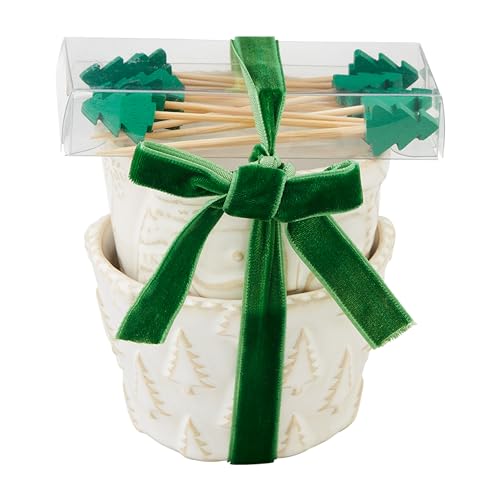 Mud Pie White Christmas Tidbit Set, Tree, bowl 2" x 3" dia | toothpick 2 1/2"