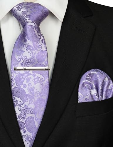 Image of JEMYGINS Mens Solid Color Paisley Necktie and Pocket Square with Tie Clip Sets