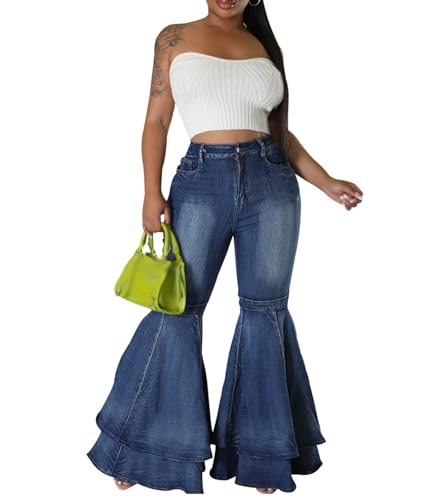 Sexyshine Women's Bell Bottom Jeans High Waist Ruffle Flared Tiered Denim Pants Retro 70s Wide Leg Long Pants