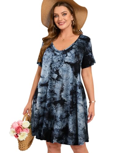 Image of ZENNILO Women's Plus Size Swing Dress with Pockets Casual Summer Dresses V Neck Short Sleeve T Shirt Dress for Women