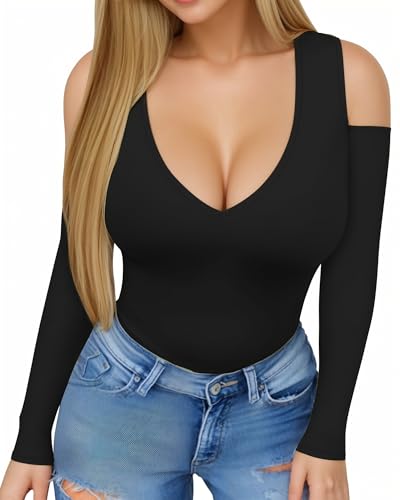 HERLOLLYCHIPS Womens Long Sleeve Tops Deep V Neck Cold Shoulder Tight Fitted Sexy Casual Fall Winter Tee T-Shirts