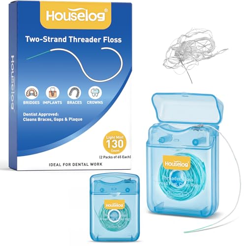 Houselog 2-in-1 Floss Threaders for Braces, Bridges & Implants - Simpler Dual-Strand Design with Stiff End & Waxed Floss - No-Tangle On-A-Roll Dental Floss for Daily Oral Care - Light Mint 130Count