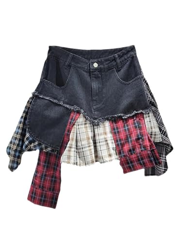 Women's Denim Skirt Patchwork Asymmetric Plaid Irregular High Waist Design Mini Skirts