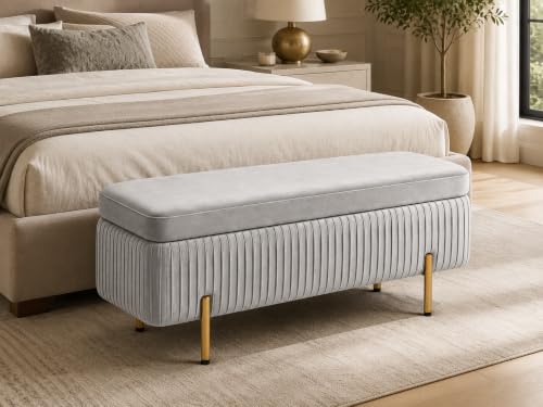 Image of LEGACY OF COMFORT Miajah Velvet Upholstered Flip Top Storage Bench 2 Seater Sofa Upholstered Ottoman Bench with Storage for Living Room, Bedroom (Silver Grey)