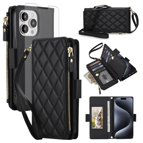 Asuwish Phone Cover for iPhone 12 Pro iPhone12 6.1 Wallet Case RFID Blocking Zipper with Tempered Glass Screen Protector Crossbody Lanyard Strap PU Leather iPhone12pro 5G i 12s 12pro Women Men Black