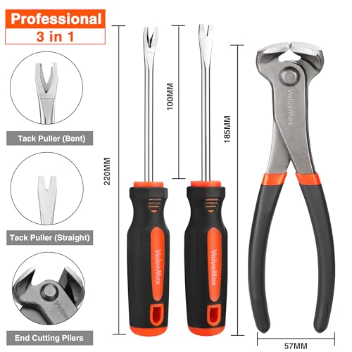 ValueMax 3-teiliges Endschneidezange und Nagelabzieher Nagelentferner-Werkzeug-Set inkl. 185mm Schneidzange Cr-V Stahl Gerade&Biegbare V-Spitze Nagelabzieher Klammerentferner für Möbeln Boden Auto