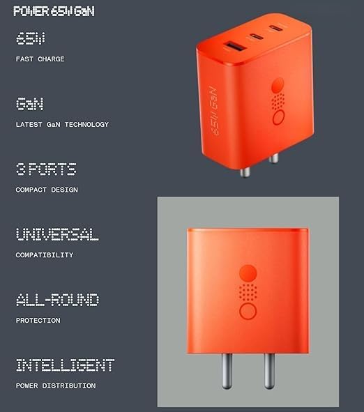 Image of CMF by Nothing 65W GaN 3A Multiport Mobile PD Charger, Type C Charger Block Compatible for Nothing Phone 2a /Phone 2 /Phone 1,Supports Other Type-C Devices,Nothing Fast Charging Adapter, (Orange)